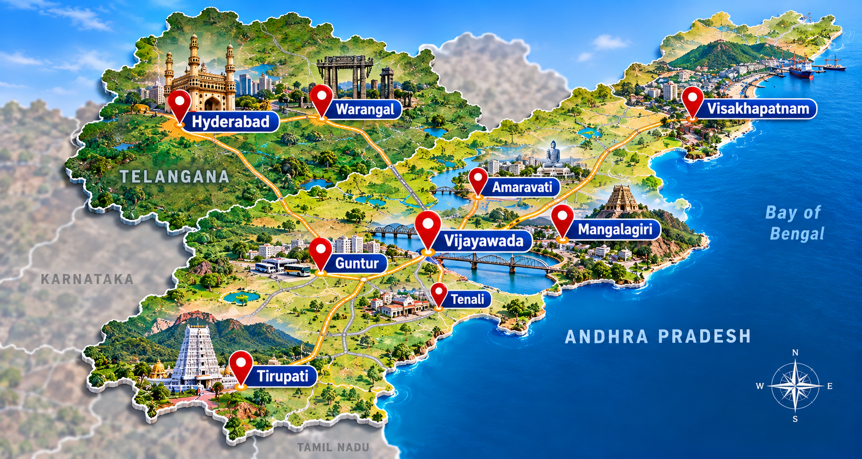 Yatri Enterprises service coverage map — Andhra Pradesh and Telangana