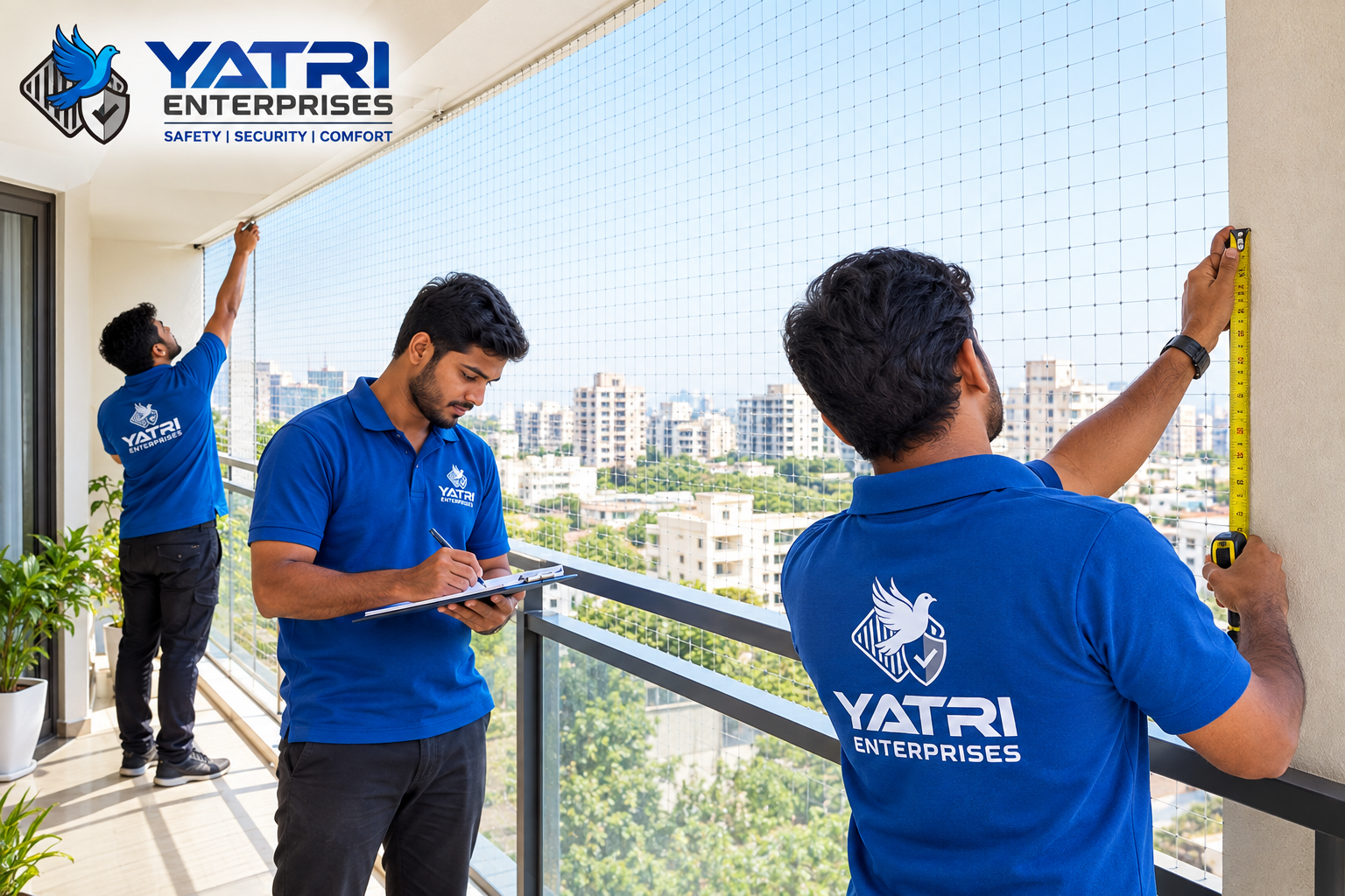 Yatri Enterprises installer measuring a balcony for a safety net